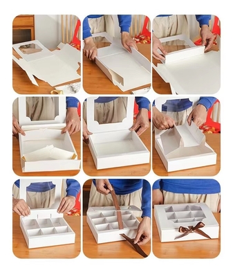 White Coated Paper Foldable Gift Boxes With Ribbon Plastic Window Food Packaging